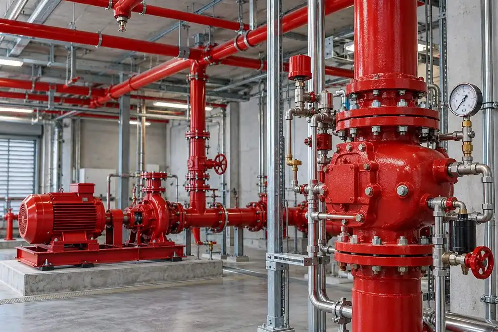 Fire protection pipework and cable trays within an industrial building