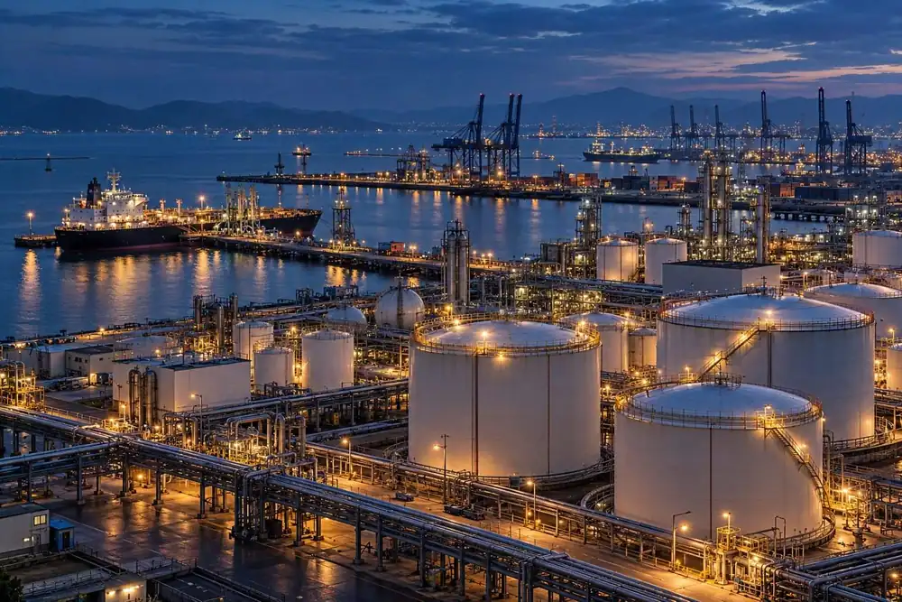 Industrial chemical and refinery facilities seen across a waterfront