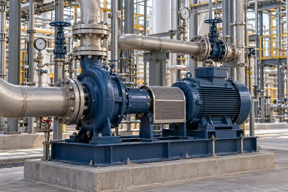 Industrial pumping and piping equipment under blue lighting